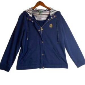 LAUREN JEANS CO VINTAGE JACKET NAVY NAUTICAL ZIP-UP HOODED SIZE L 100% COTTON